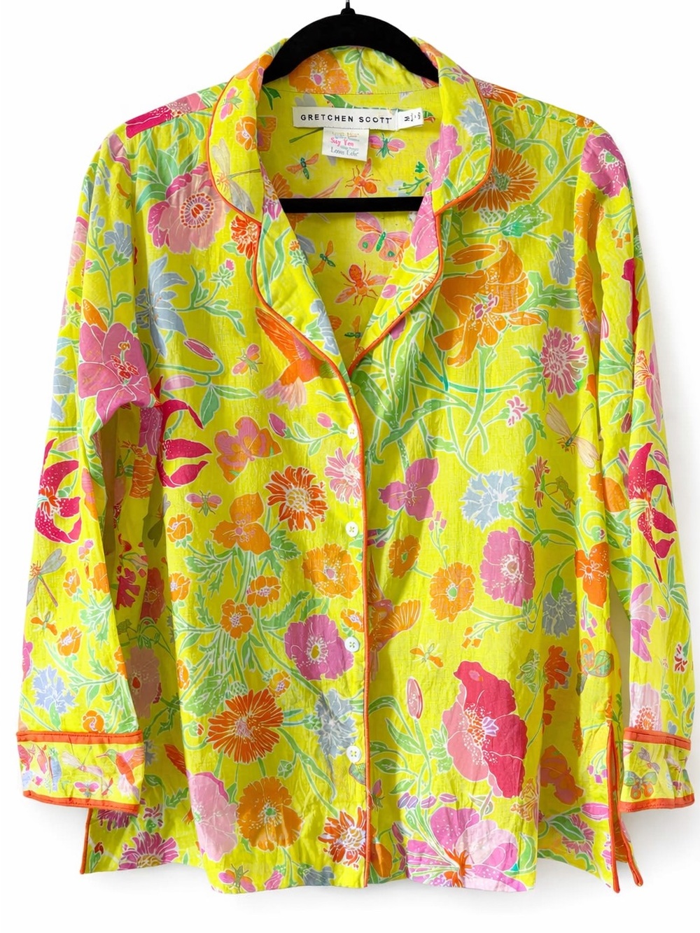 Gretchen Scott Yellow Insects Birds Floral Print Cotton PJ Lounge Top Size M